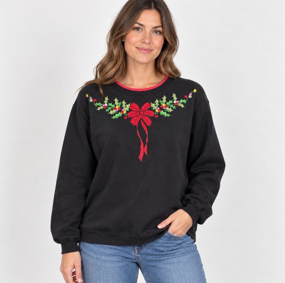 Vintage Blair Christmas Sweatshirt Women’s XL Black Holly Bow Embroidered